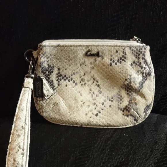 Coach Kristen Cream and Black Embossed Python Snakeskin Wristlet - Picture 1 of 10